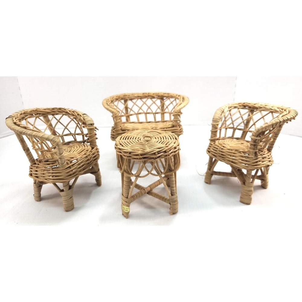 Vintage Doll Furniture Wicker Rattan Pation Set Sofa Couch Love Chairs Table